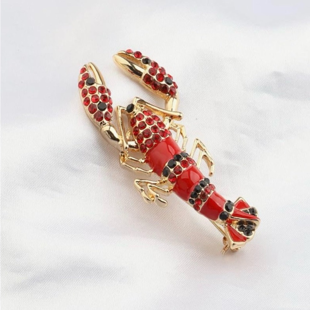 Gold and Red Crystal and Enamel Lobster Brooch - NEW